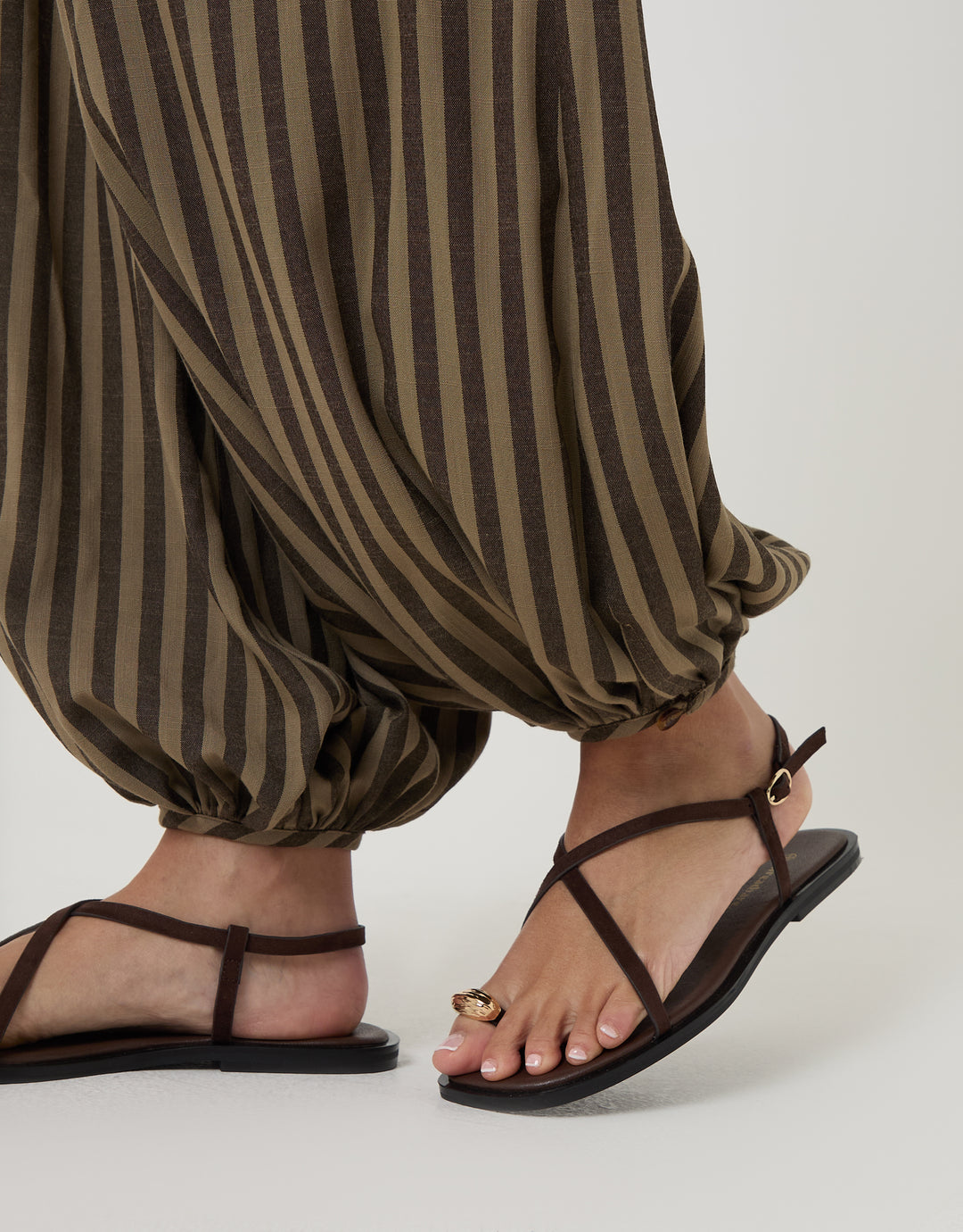 Brown Stripe Balloon Trousers with Pockets