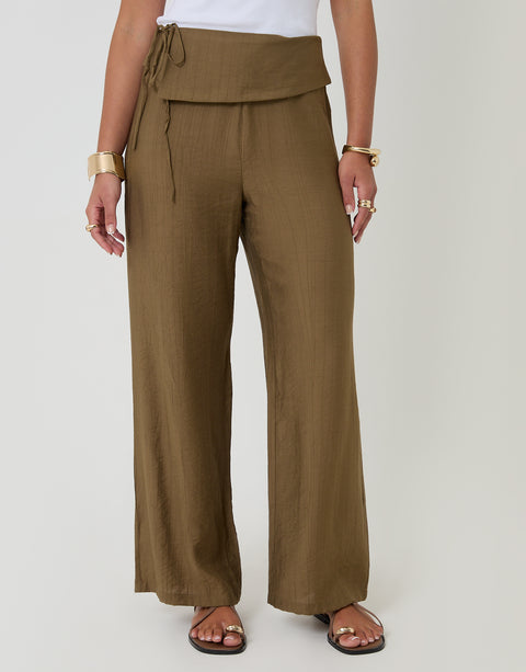 Threadbare Wrap Front Wide Leg Textured Trousers in Khaki Green - front view