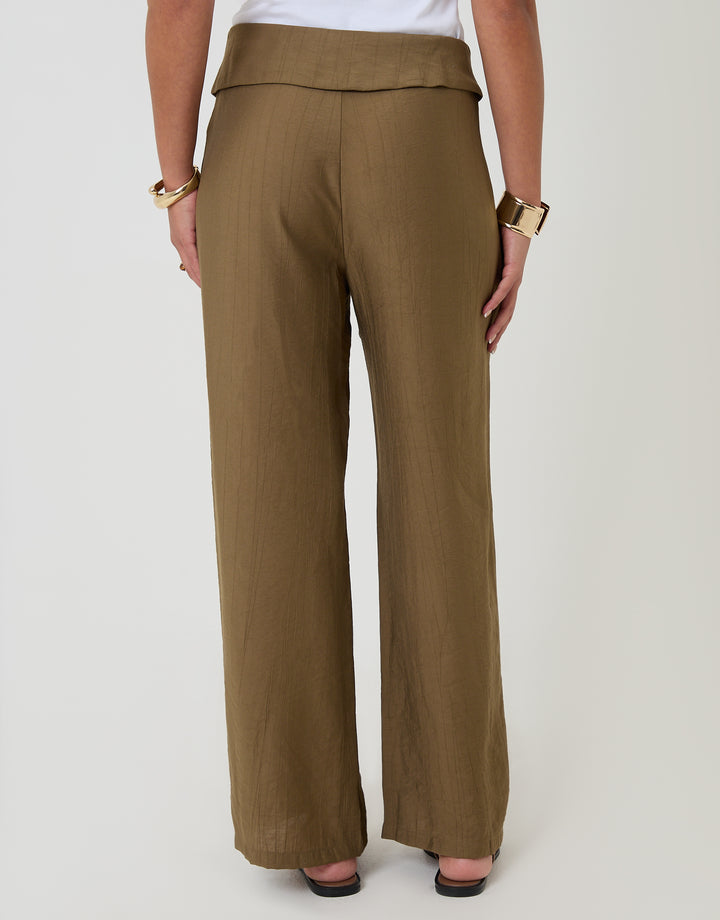 Threadbare Wrap Front Wide Leg Textured Trousers in Khaki Green - back view