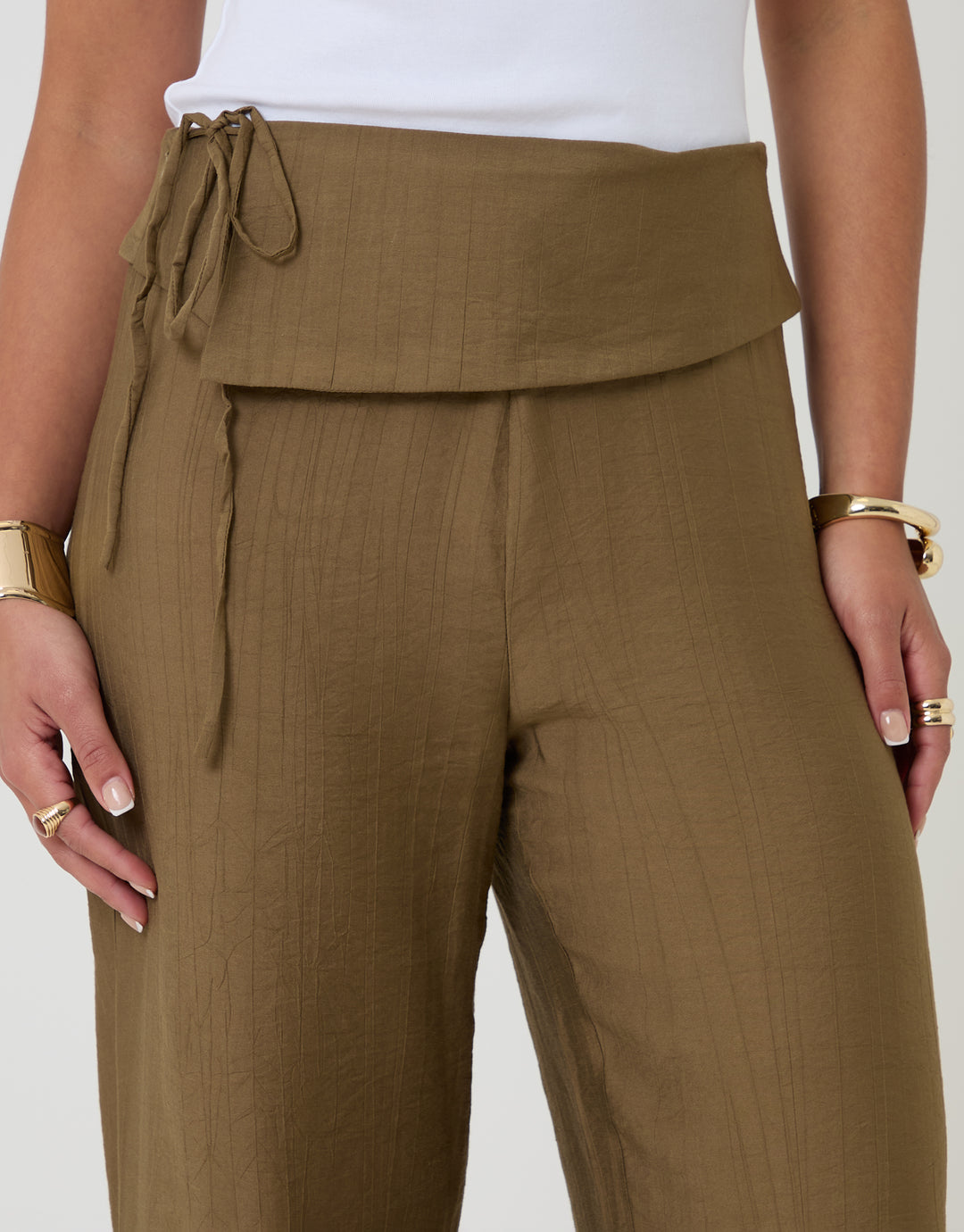 Threadbare Wrap Front Wide Leg Textured Trousers in Khaki Green - wrap front close up