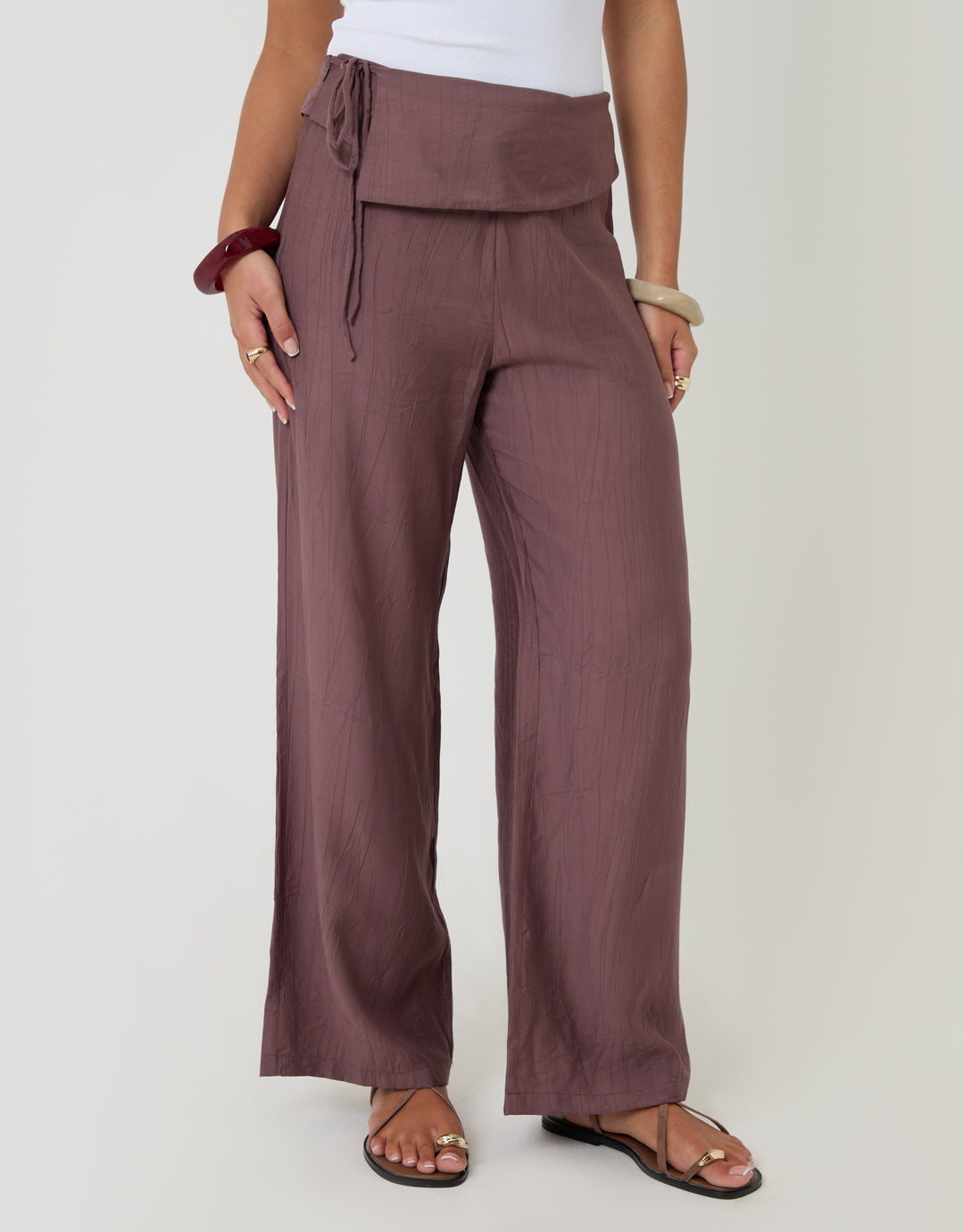 Threadbare Wrap Front Wide Leg Textured Trousers in Brown - front view