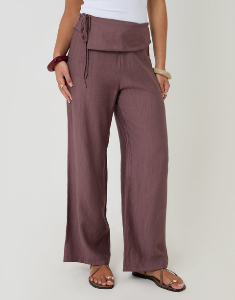 Threadbare Wrap Front Wide Leg Textured Trousers in Brown - front view