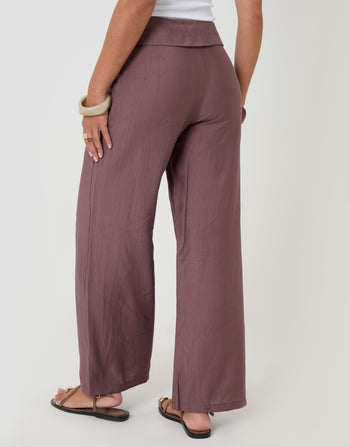 Threadbare Wrap Front Wide Leg Textured Trousers in Brown - back view