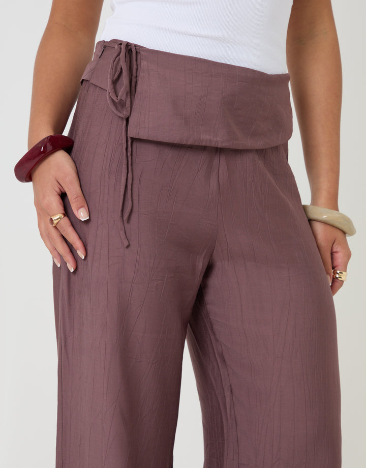 Threadbare Wrap Front Wide Leg Textured Trousers in Brown - wrap front close up