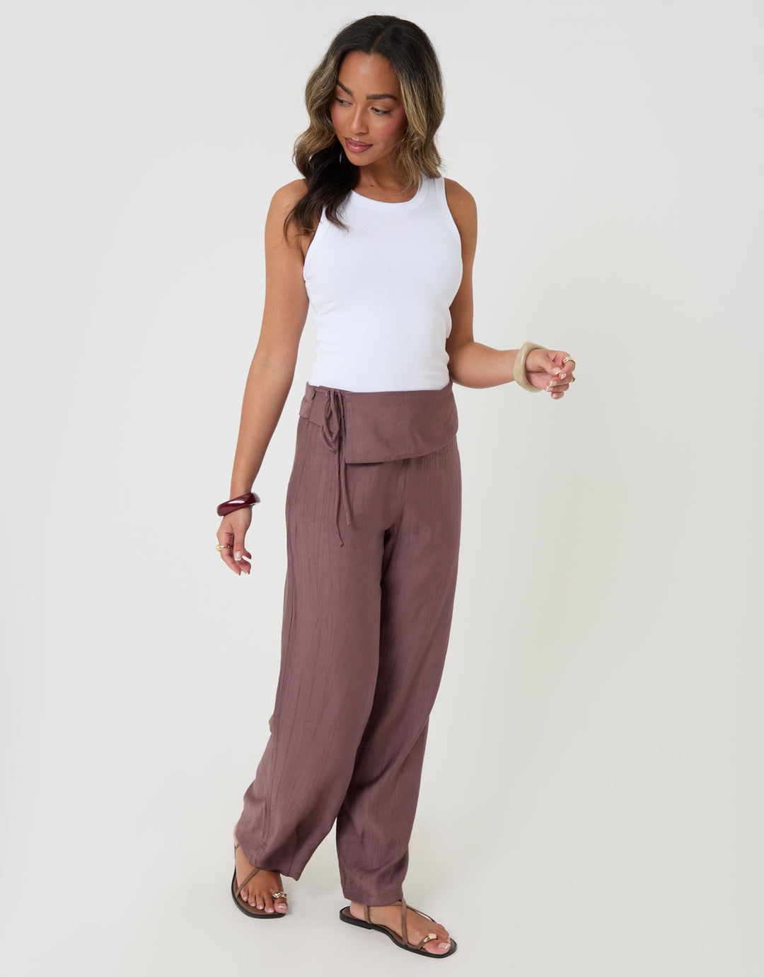 Threadbare Wrap Front Wide Leg Textured Trousers in Brown - full body
