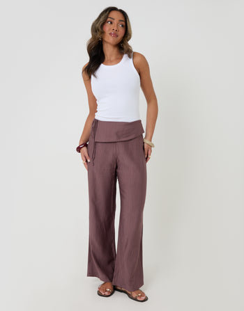 Threadbare Wrap Front Wide Leg Textured Trousers in Brown - full body