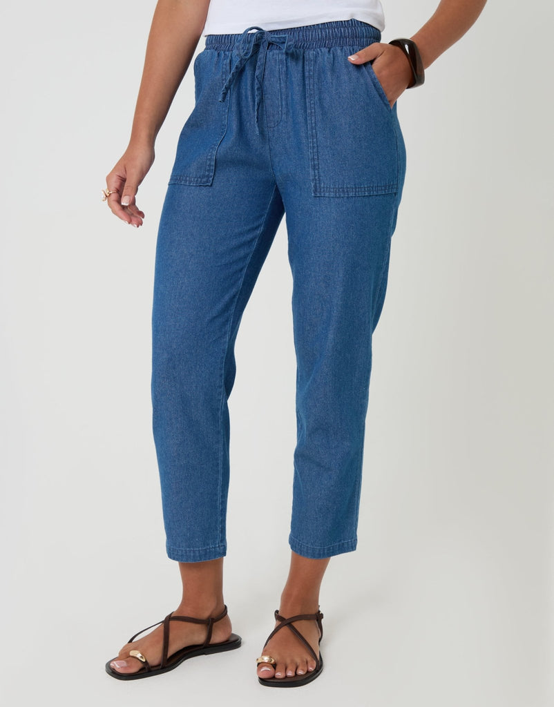 Petite Drawstring Waist Tapered Jeans Mid Wash