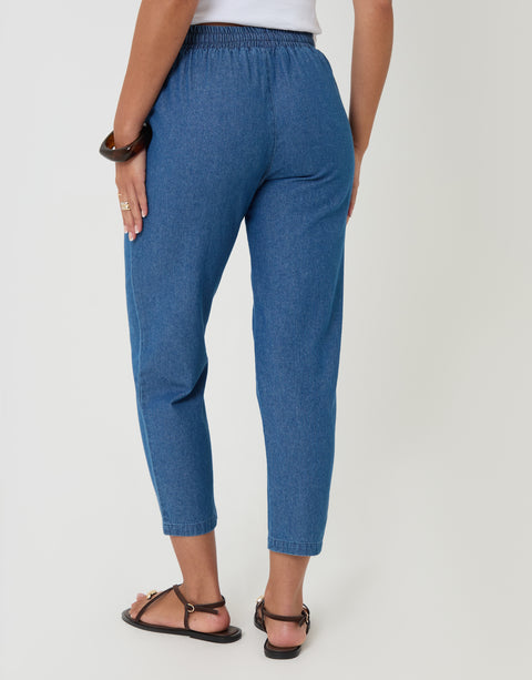 Threadbare Petite Drawstring Waist Tapered Jeans in Mid Wash - back view