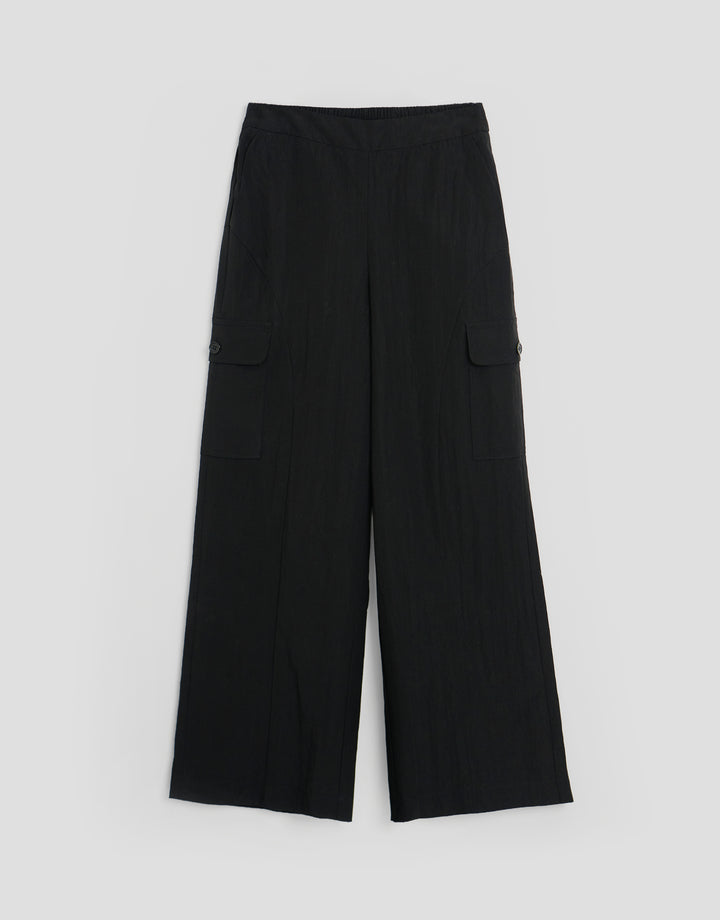 Threadbare Wide Leg Curve Seam Trousers in Black - flat lay