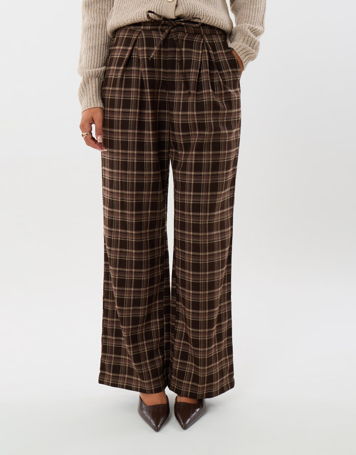 Threadbare Wide Leg Tie Belt Trousers in Brown Check - front shot