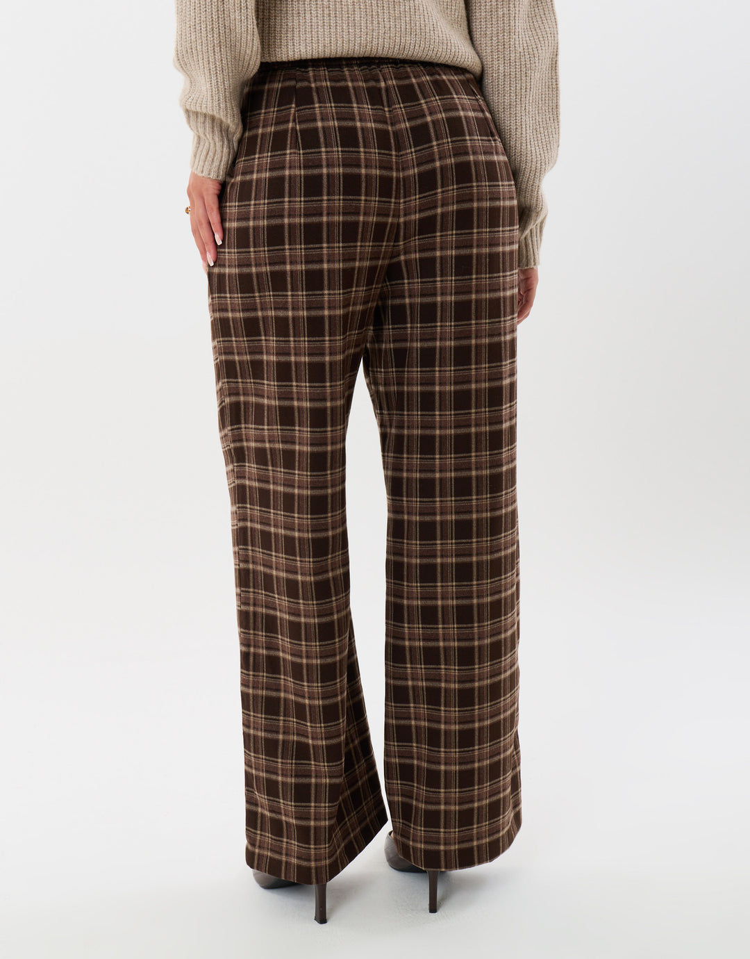 Threadbare Wide Leg Tie Belt Trousers in Brown Check - back shot