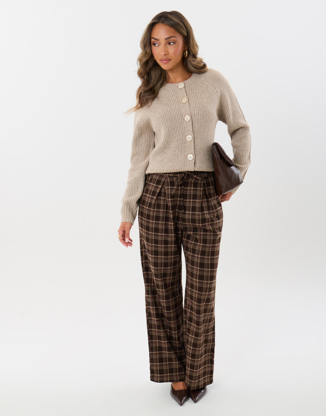 Threadbare Wide Leg Tie Belt Trousers in Brown Check - full length with bag