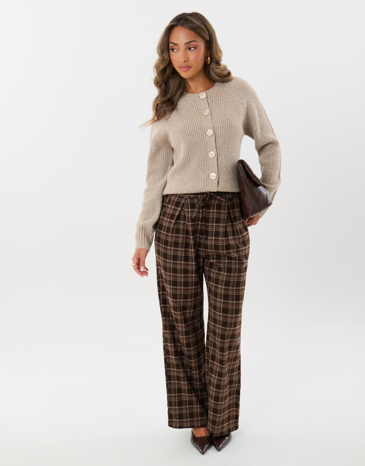 Threadbare Wide Leg Tie Belt Trousers in Brown Check - full length with bag