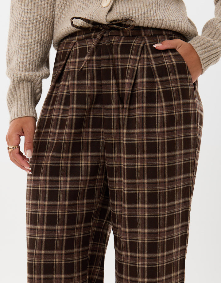 Threadbare Wide Leg Tie Belt Trousers in Brown Check - close up