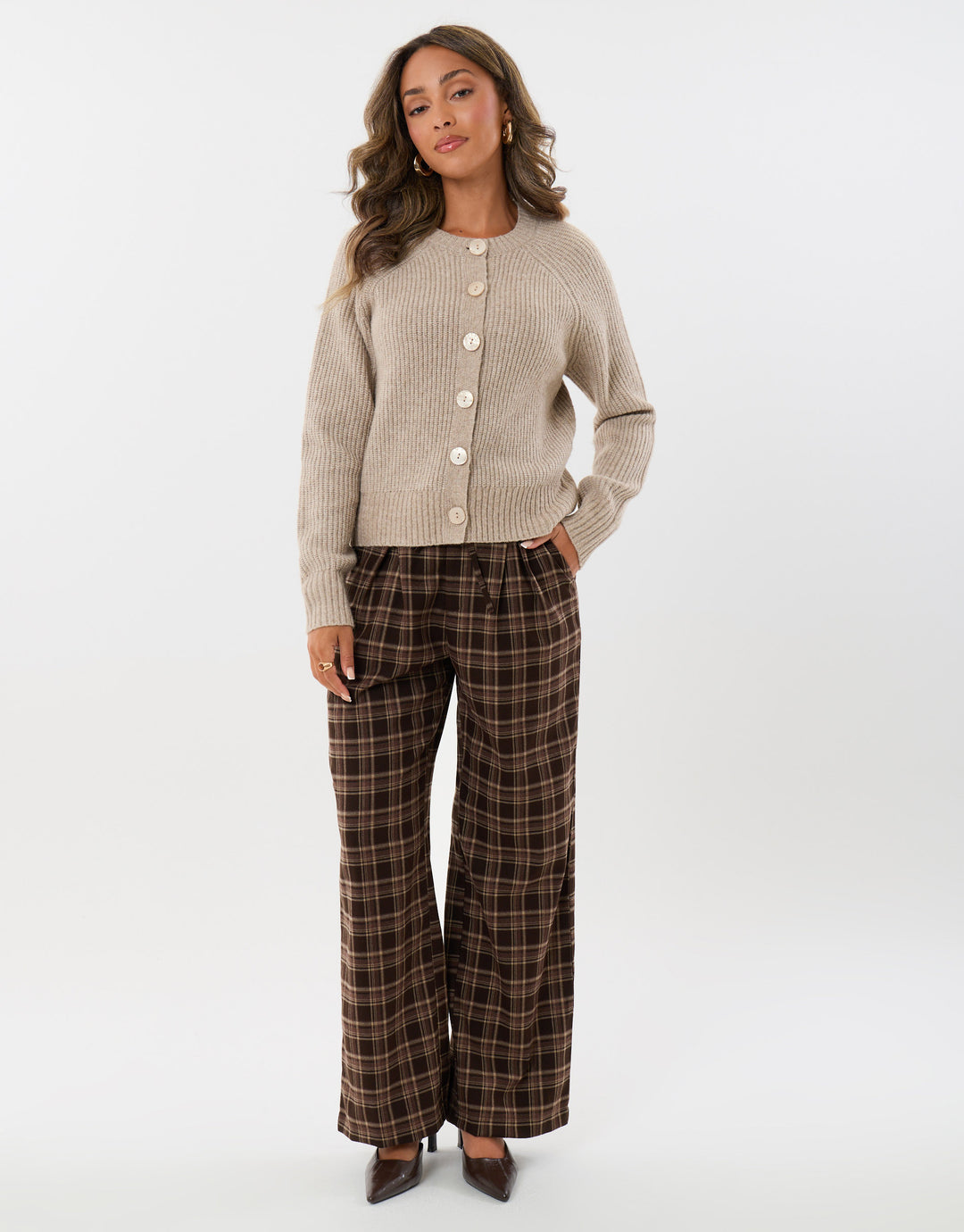 Threadbare Wide Leg Tie Belt Trousers in Brown Check - full length