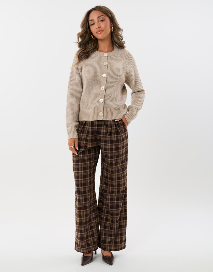 Threadbare Wide Leg Tie Belt Trousers in Brown Check - full length