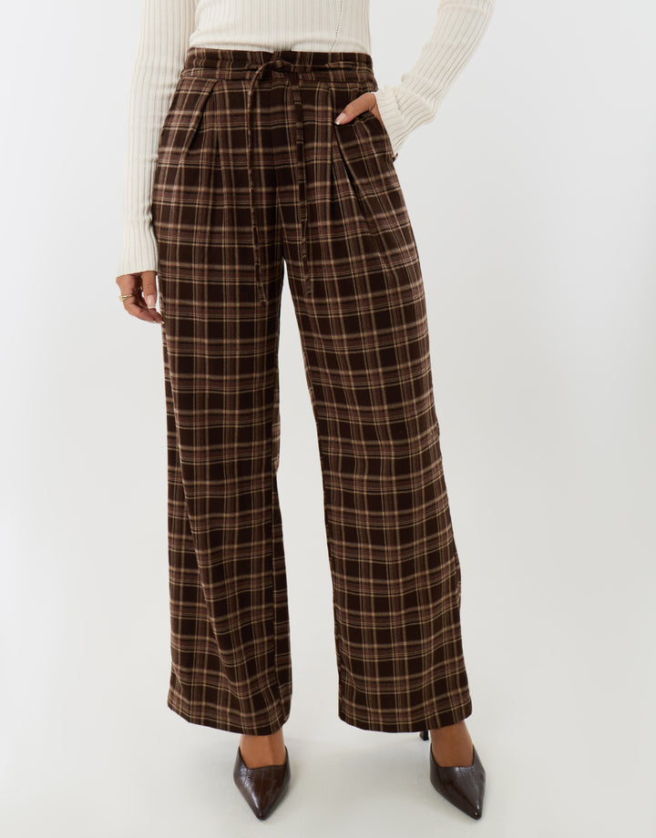 Wide Leg Tie Belt Trousers in Brown Check