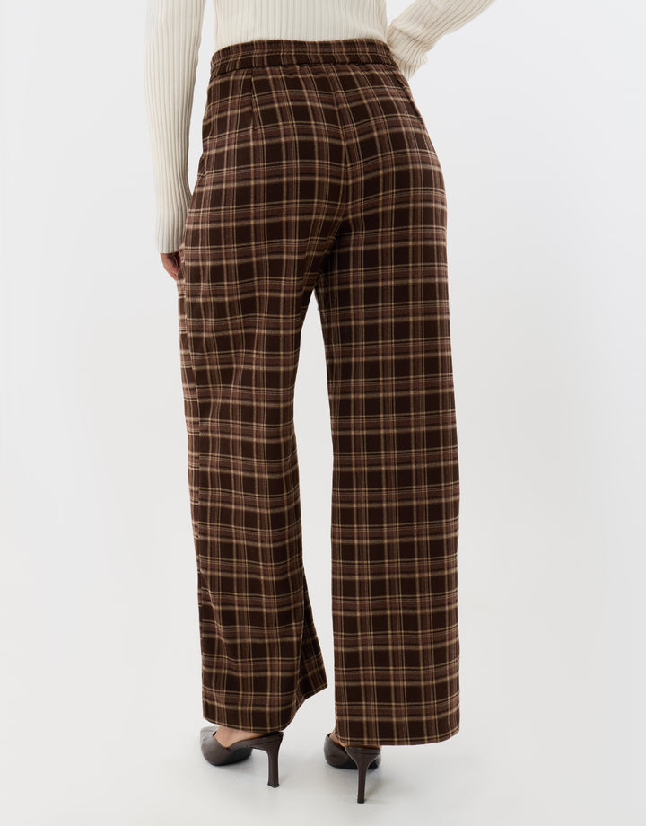 Wide Leg Tie Belt Trousers in Brown Check