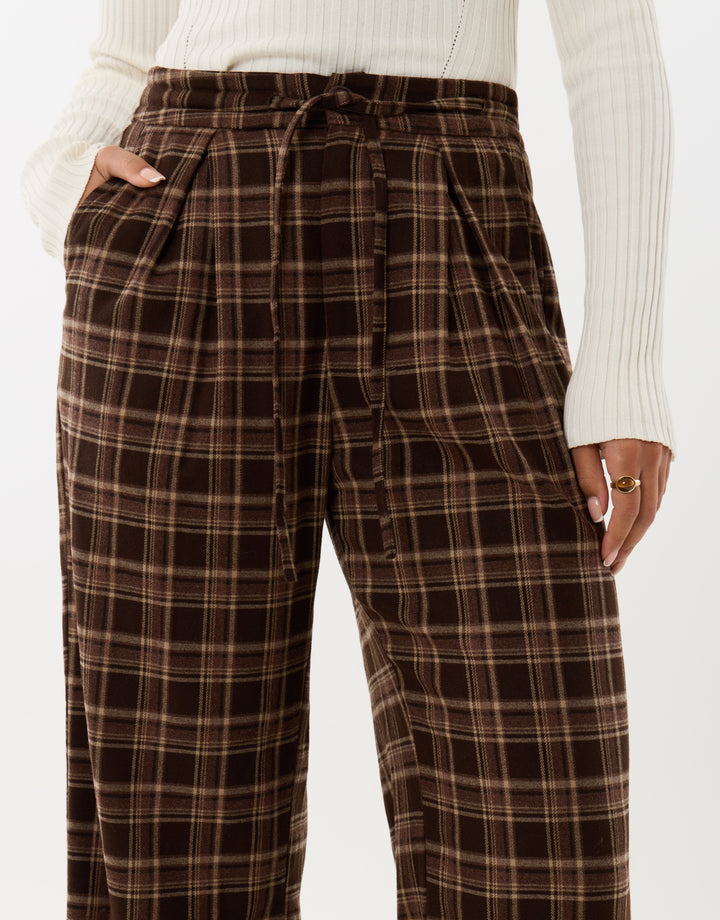 Wide Leg Tie Belt Trousers in Brown Check