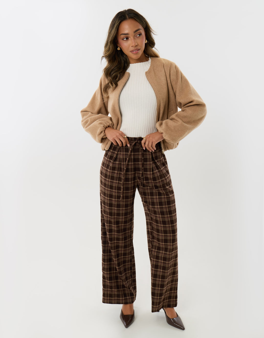 Wide Leg Tie Belt Trousers in Brown Check