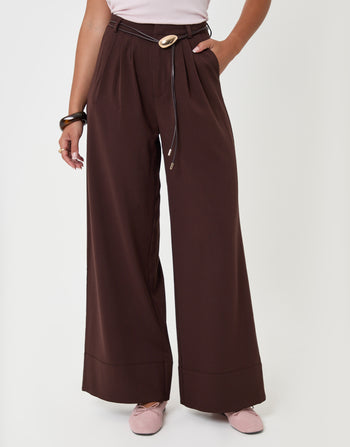 Threadbare Pleated Wide Leg Trousers in Brown - front view