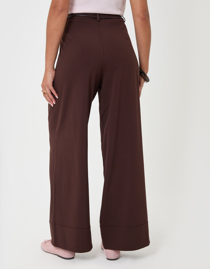 Threadbare Pleated Wide Leg Trousers in Brown - back view