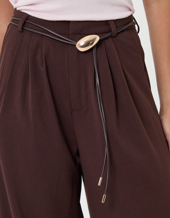 Threadbare Pleated Wide Leg Trousers in Brown - close up