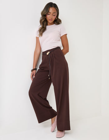 Threadbare Pleated Wide Leg Trousers in Brown - full body