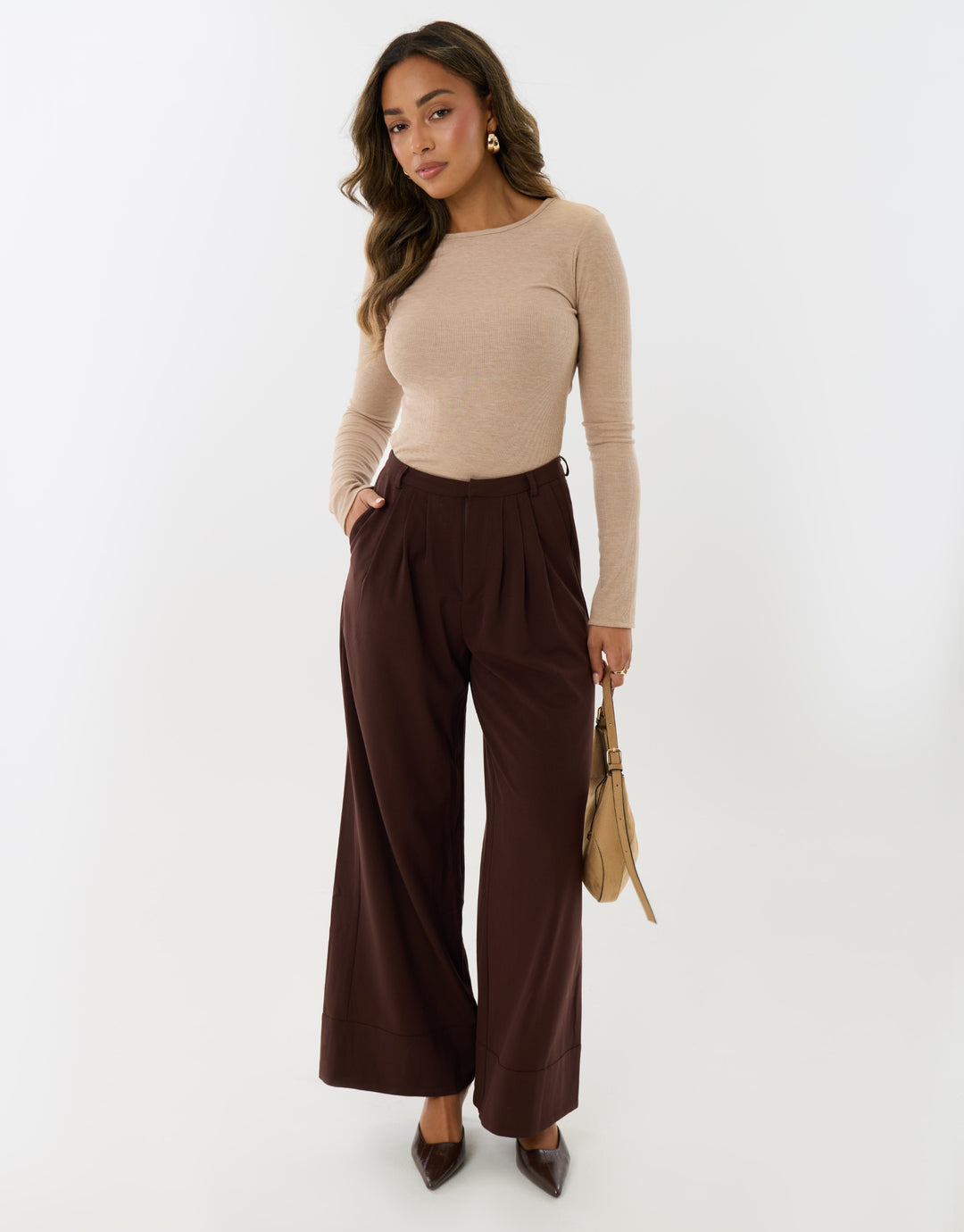 Pleated Wide Leg Trousers with Faux Leather Belt in Brown