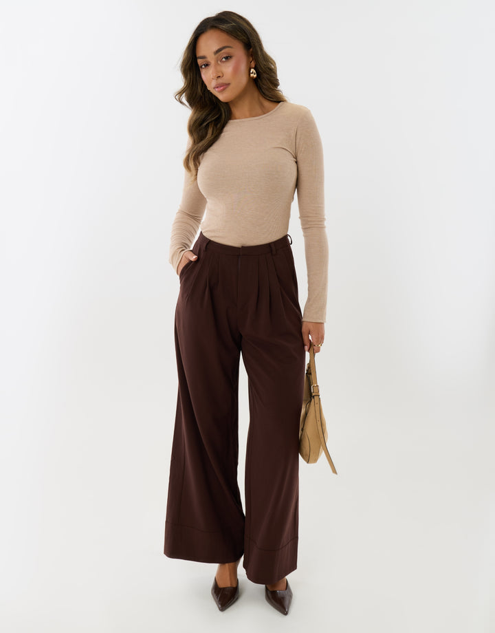 Pleated Wide Leg Trousers with Faux Leather Belt in Brown