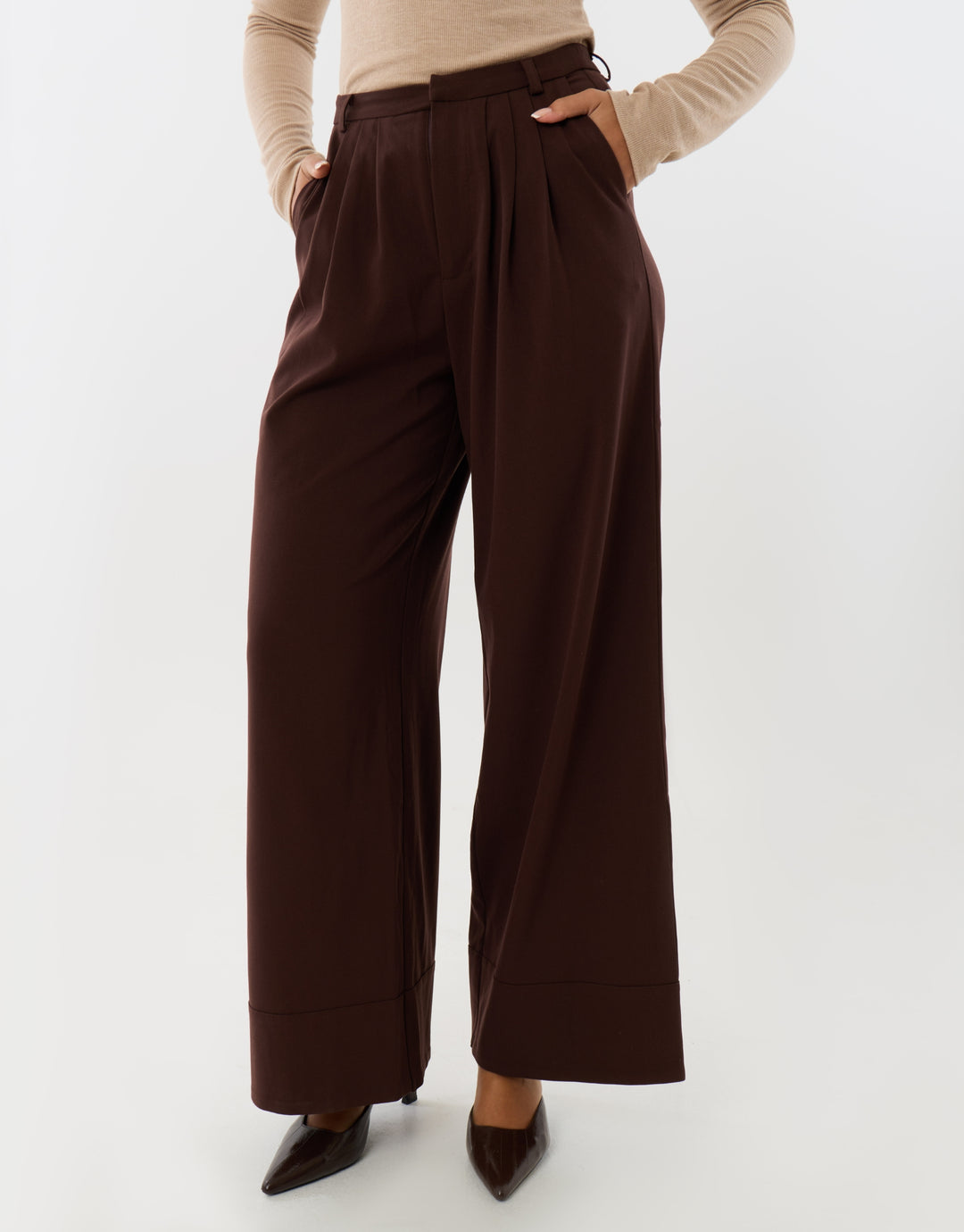 Pleated Wide Leg Trousers with Faux Leather Belt in Brown