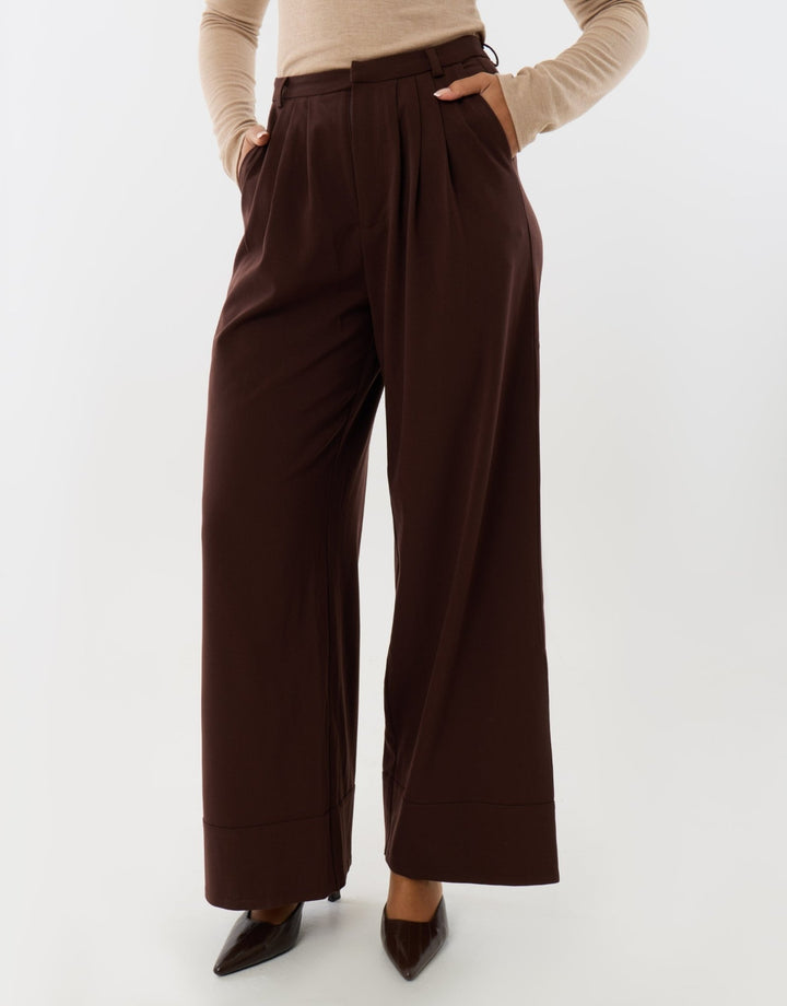 Pleated Wide Leg Trousers with Faux Leather Belt in Brown