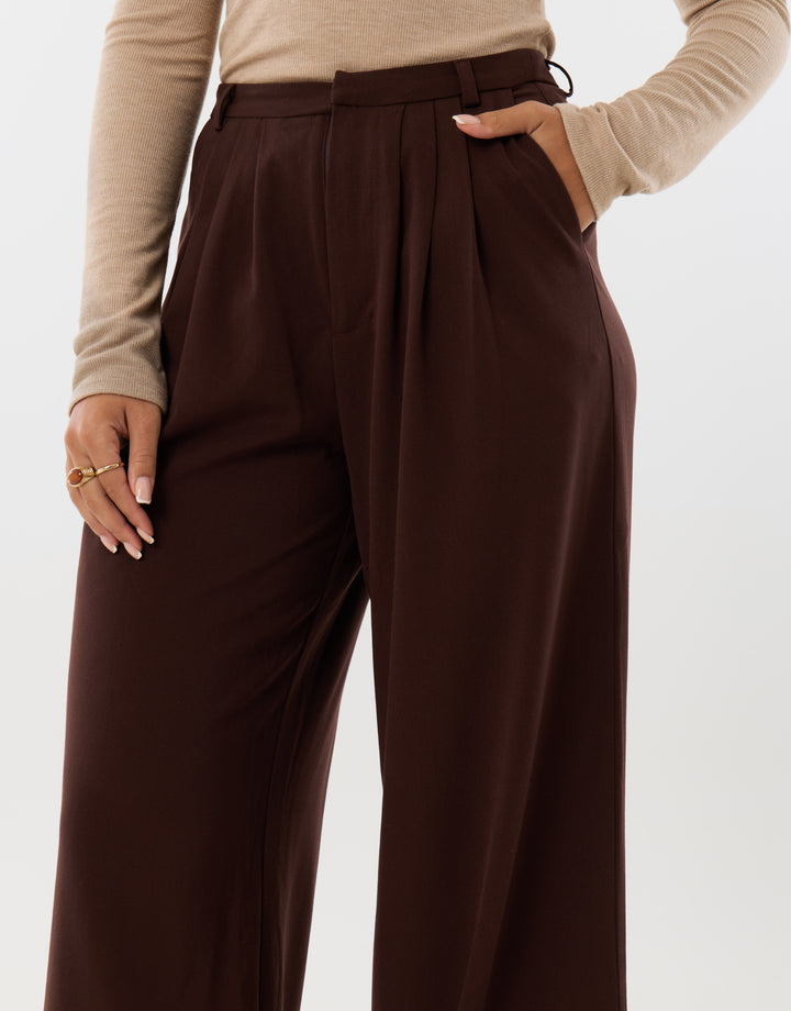 Pleated Wide Leg Trousers with Faux Leather Belt in Brown