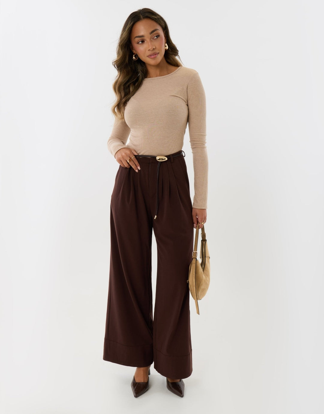 Pleated Wide Leg Trousers with Faux Leather Belt in Brown