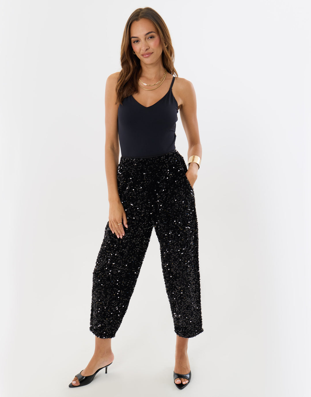 Sequin High Waisted Trousers in Black