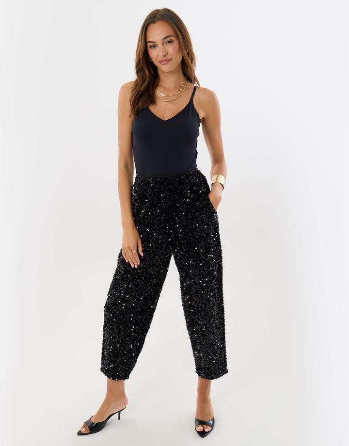 Sequin High Waisted Trousers in Black