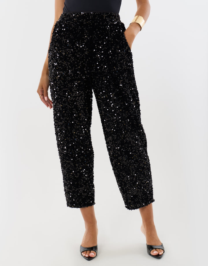 Sequin High Waisted Trousers in Black