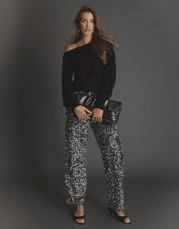 Sequin Wide Leg Trousers in Charcoal Grey