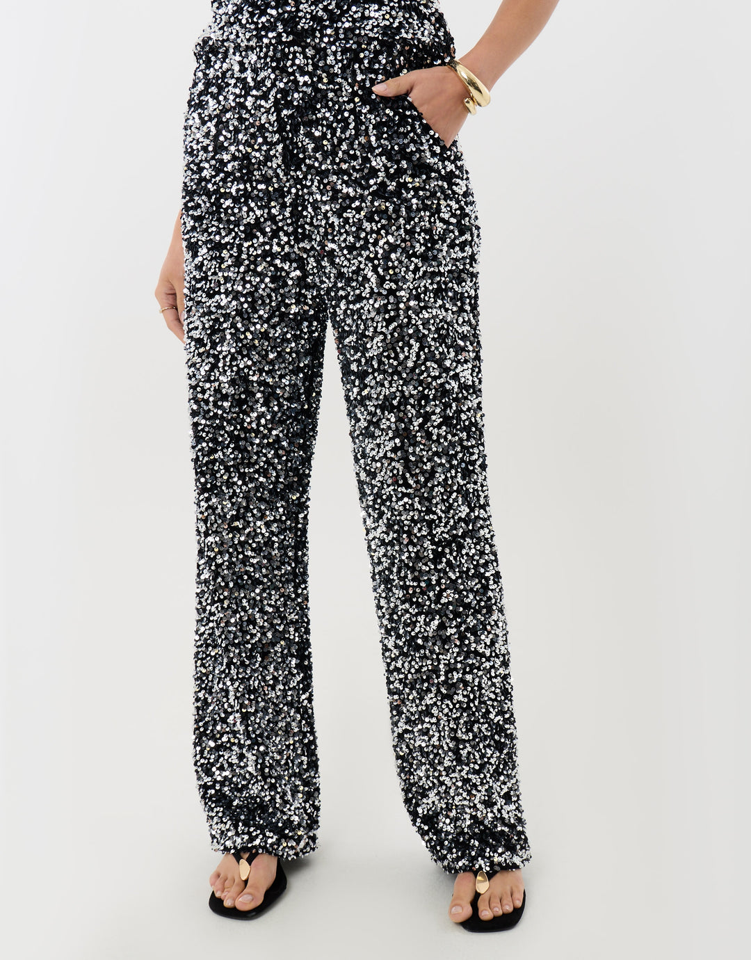 Sequin Wide Leg Trousers in Charcoal Grey