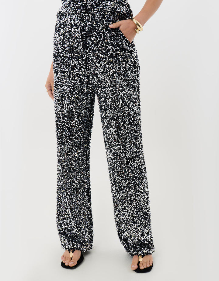 Sequin Wide Leg Trousers in Charcoal Grey