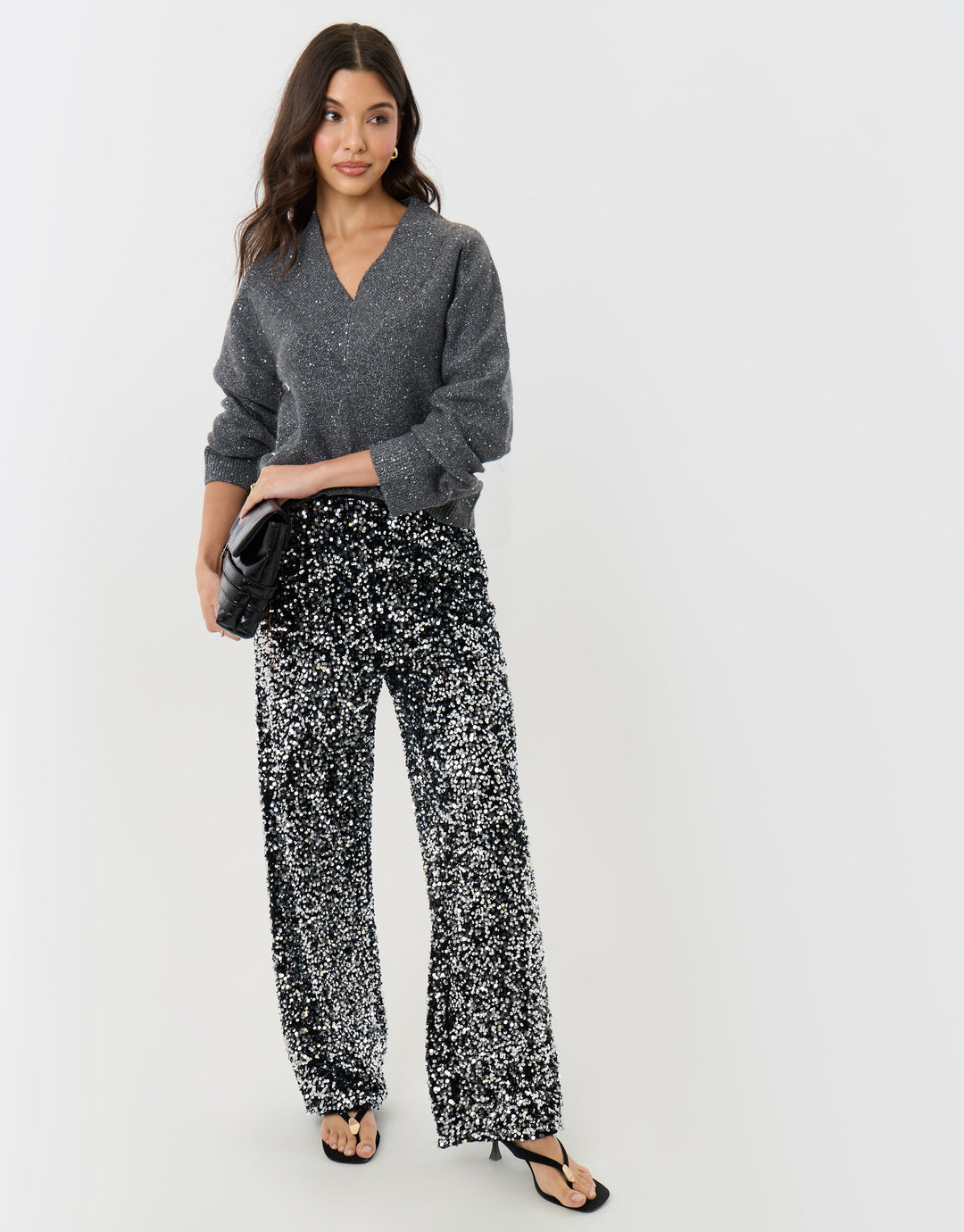 Sequin Wide Leg Trousers in Charcoal Grey