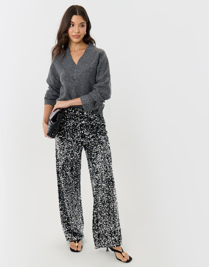 Sequin Wide Leg Trousers in Charcoal Grey