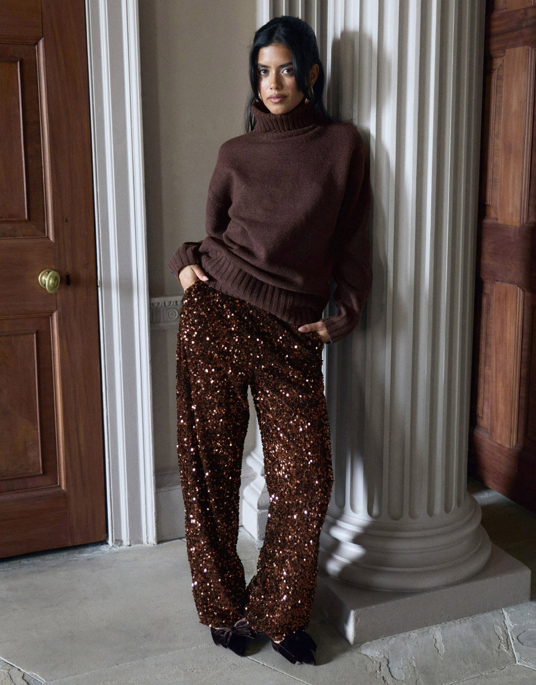 Sequin Wide Leg Trousers in Chocolate Brown