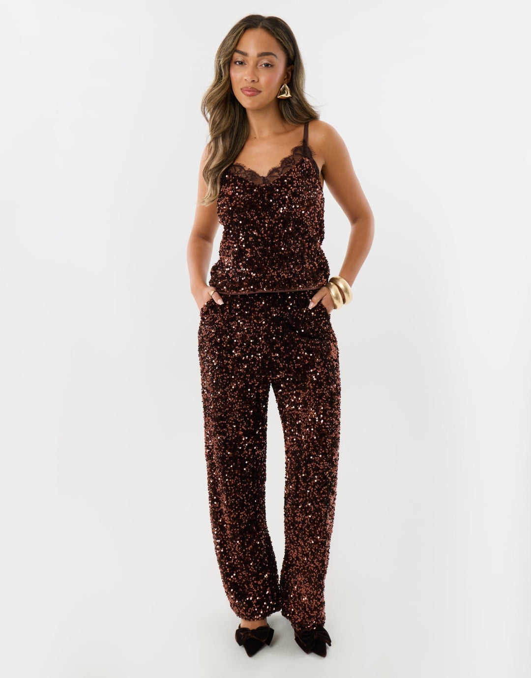 Sequin Wide Leg Trousers in Chocolate Brown