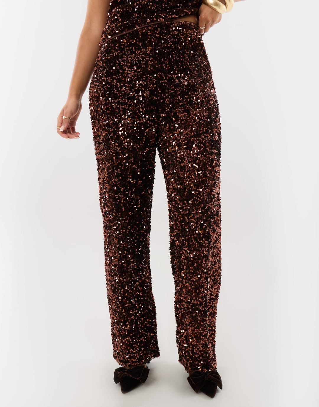 Sequin Wide Leg Trousers in Chocolate Brown