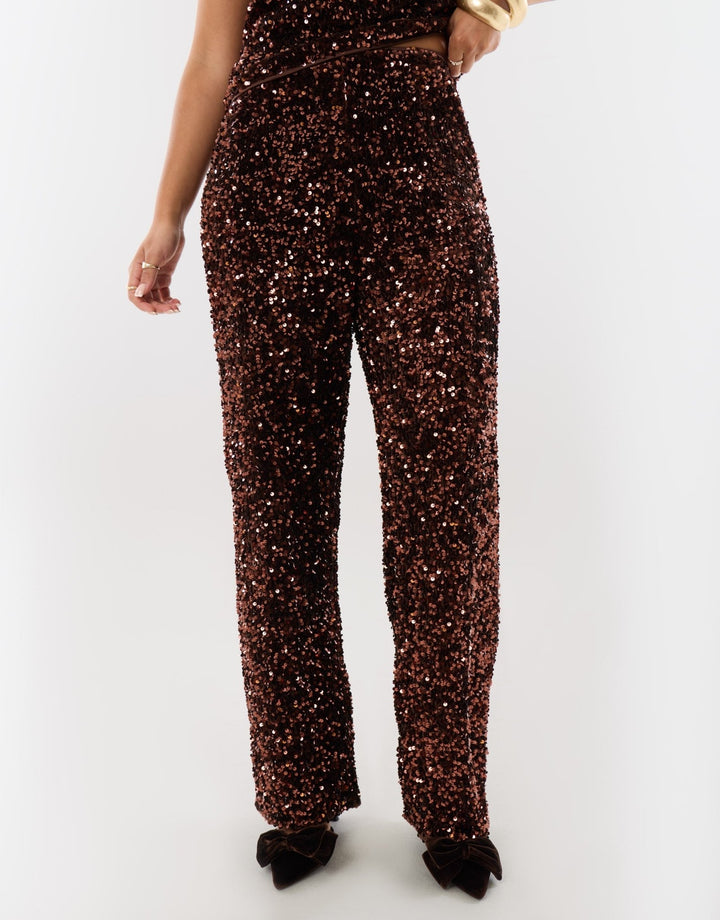 Sequin Wide Leg Trousers in Chocolate Brown