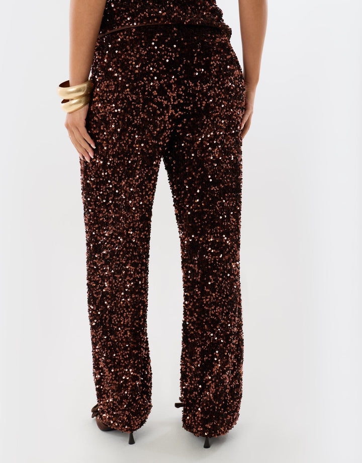 Sequin Wide Leg Trousers in Chocolate Brown