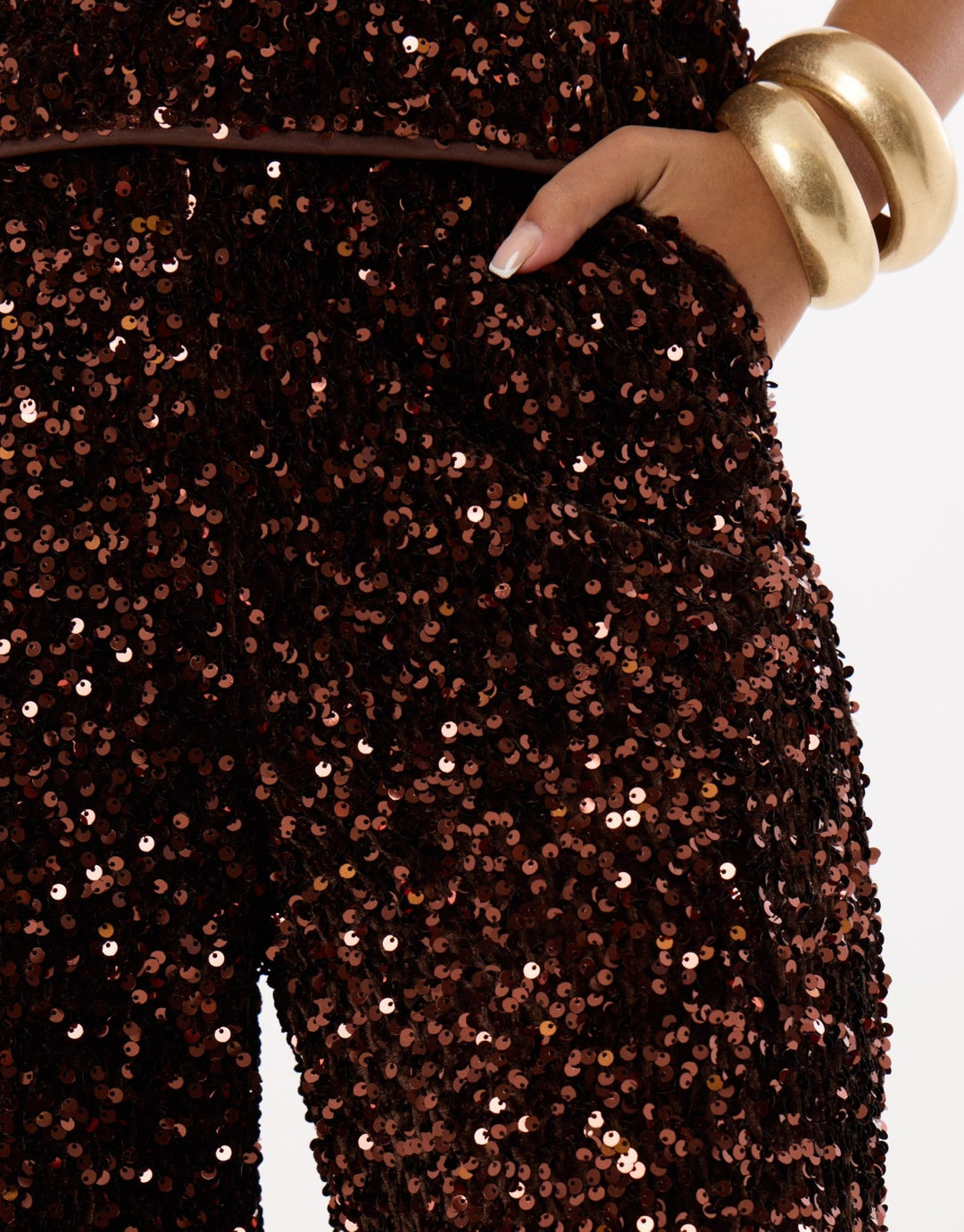 Sequin Wide Leg Trousers in Chocolate Brown