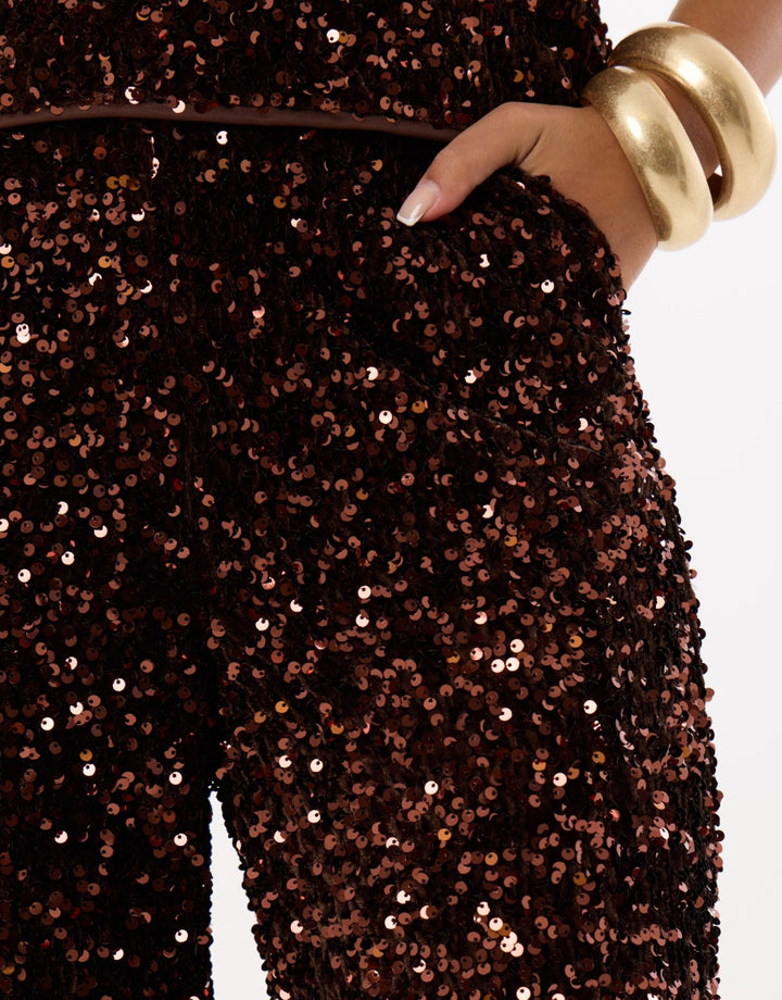 Sequin Wide Leg Trousers in Chocolate Brown