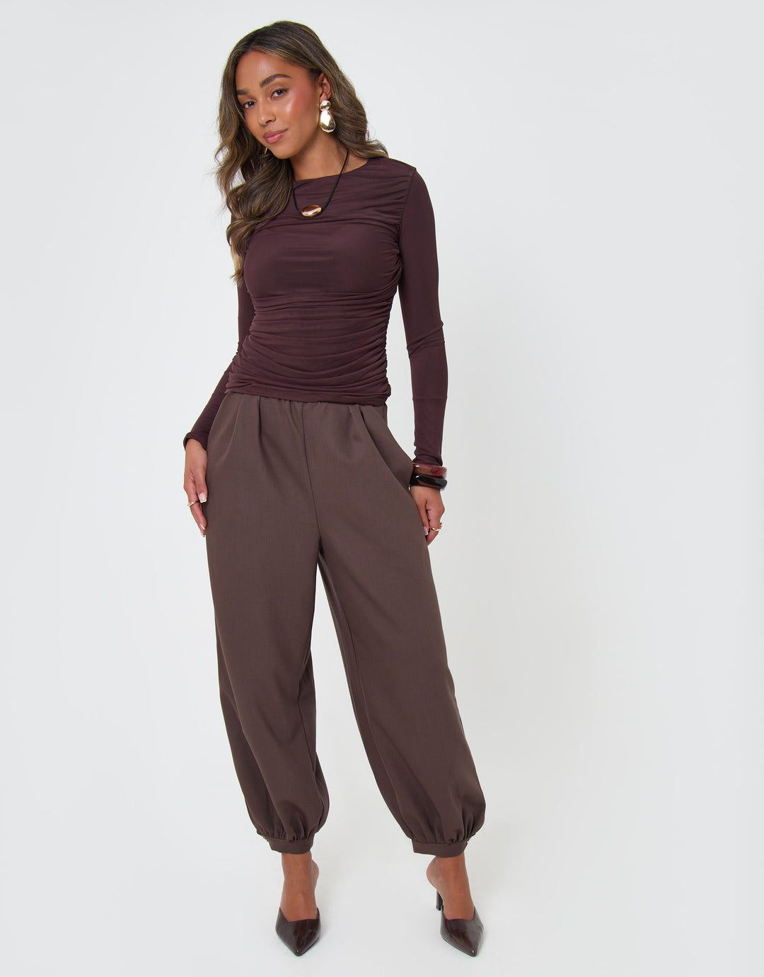 Threadbare Balloon Trousers with Button Cuffs in Brown - full body